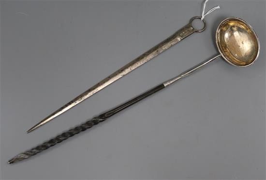 A Georgian silver toddy ladle and a George III silver meat skewer.